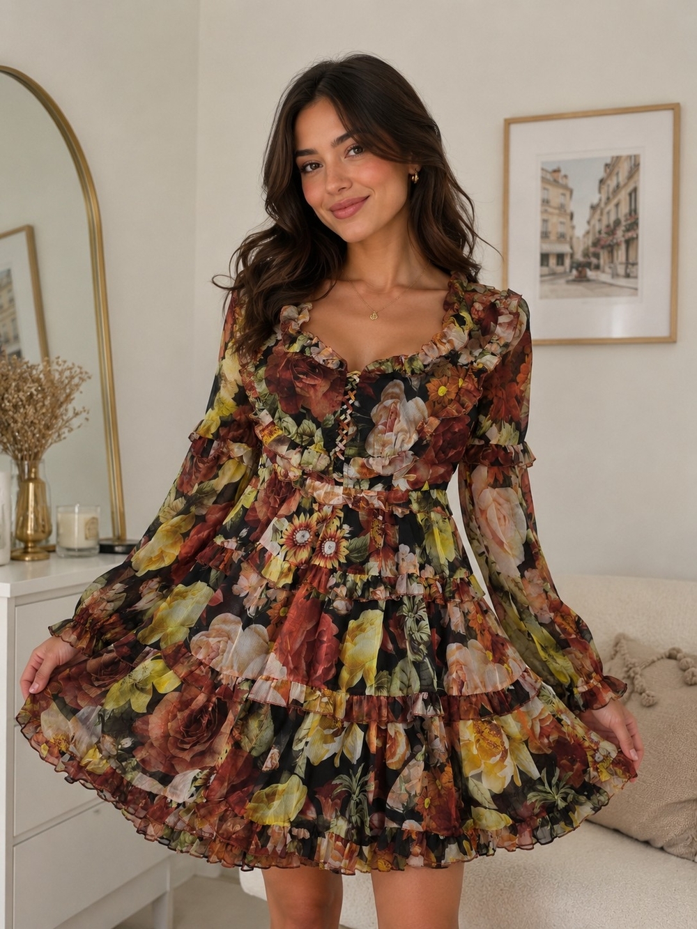 Boho Tiered Floral Long-Sleeve Mini Dress - Brown Multi